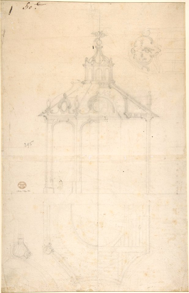 Plan of the Roof and Section of a Pavilion in the Gardens of the Château de Saint-Cloud (recto); Study for the Exterior with Partial Plan of the Pavilion (verso) MET DP810294