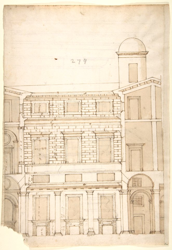 Palazzo Massimo alle Colonne, cortile, section (recto) Palazzo Massimo alle Colonne , first story loggia entablature, profile section and column shaft (verso) MET DP810660