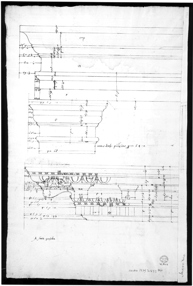 Palazzo Massimo alle Colonne, entablature, elevation (recto); Portico, Doric capital and entablature, elevation and Unknown, Corinthian cornice, elevation (verso) MET sf49 92 06v-MM37867