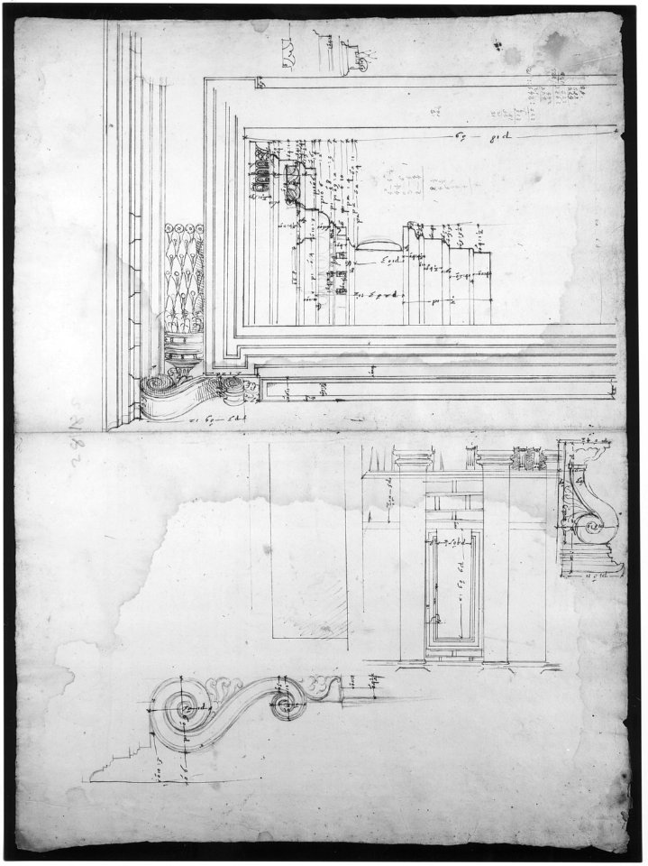 Palazzo Massimo alle Colonne, portico, elevation; portal, cornice, section; portal bracket, detail; fireplace, detail (recto) blank (verso) MET sf49 92 05r-MM35200