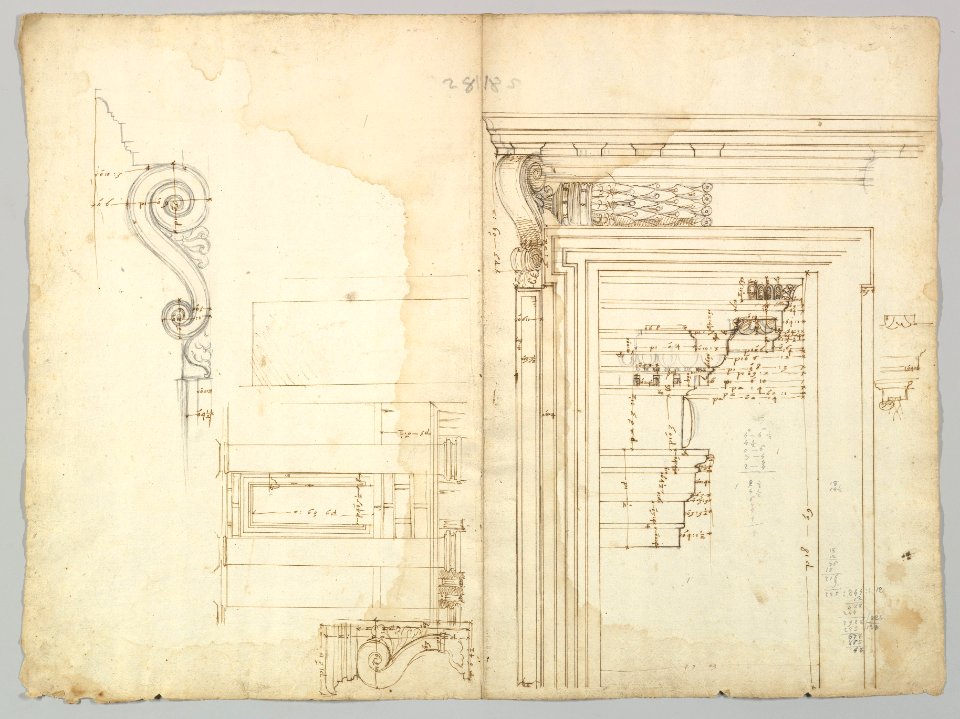 Palazzo Massimo alle Colonne, portico, elevation; portal, cornice, section; portal bracket, detail; fireplace, detail (recto) blank (verso) MET DP819292