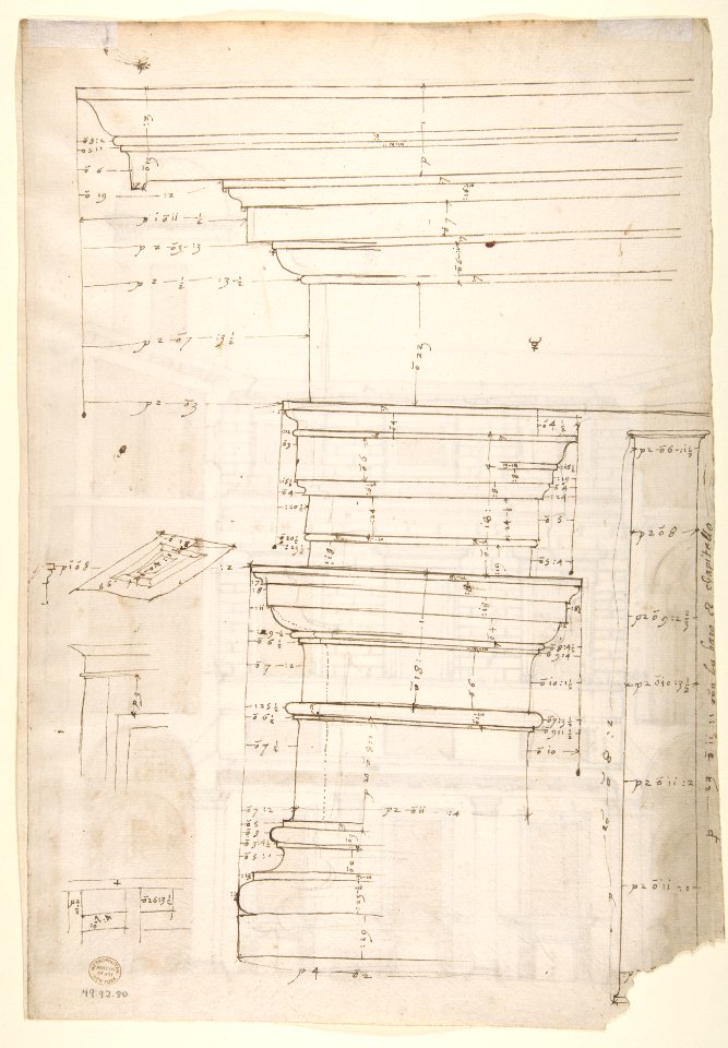 Palazzo Massimo alle Colonne, cortile, section (recto) Palazzo Massimo alle Colonne , first story loggia entablature, profile section and column shaft (verso) MET DP810661