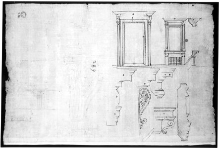 Palazzo Massimo alle Colonne, fireplace, details; Unknown, cornice, profile (recto) Palazzo Massimo alle Colonne, door and window, details (verso) MET sf49 92 04v-MM37866