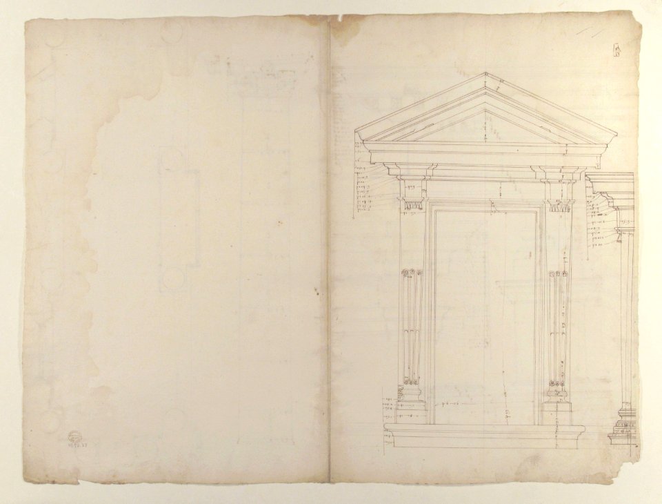 Palazzo dei Conservatori, portico, plan; façade cornice, elevation; minor order, cornice; column, elevation; pedestal, elevation (recto) Palazzo dei Conservatori, portal, elevation; section (verso) MET 49.92.27 VERSO