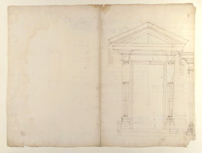 Palazzo dei Conservatori, portico, plan; façade cornice, elevation; minor order, cornice; column, elevation; pedestal, elevation (recto) Palazzo dei Conservatori, portal, elevation; section (verso) MET 49.92.27 VERSO