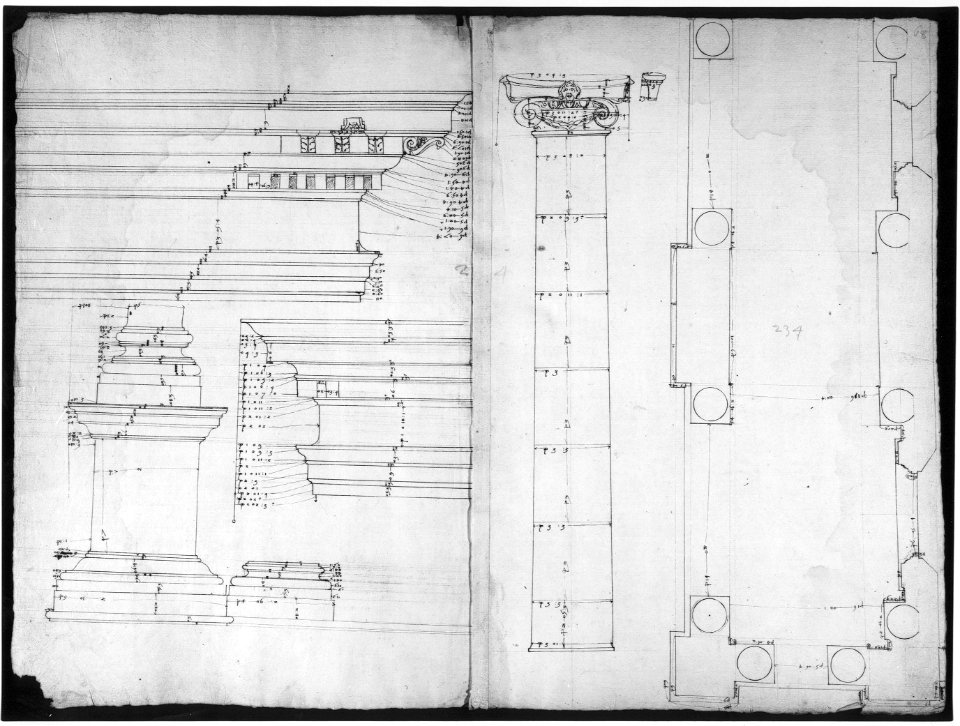 Palazzo dei Conservatori, portico, plan; façade cornice, elevation; minor order, cornice; column, elevation; pedestal, elevation (recto) Palazzo dei Conservatori, portal, elevation; section (verso) MET sf49 92 27r-MM33701