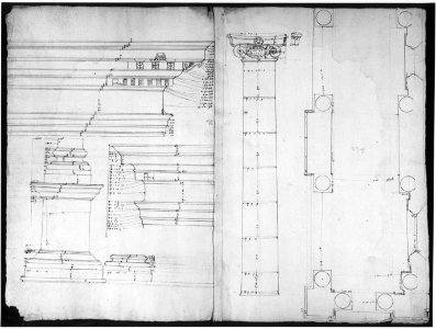 Palazzo dei Conservatori, portico, plan; façade cornice, elevation; minor order, cornice; column, elevation; pedestal, elevation (recto) Palazzo dei Conservatori, portal, elevation; section (verso) MET sf49 92 27r-MM33701