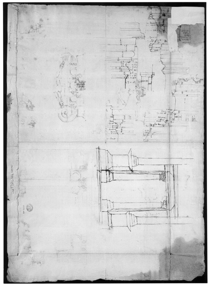 Palazzo dei Conservatori, portico, plan; portal, elevation; details, elevations (recto) Palazzo dei Conservatori, portico, elevation; details, profiles (verso) MET sf49 92 64v-MM37902