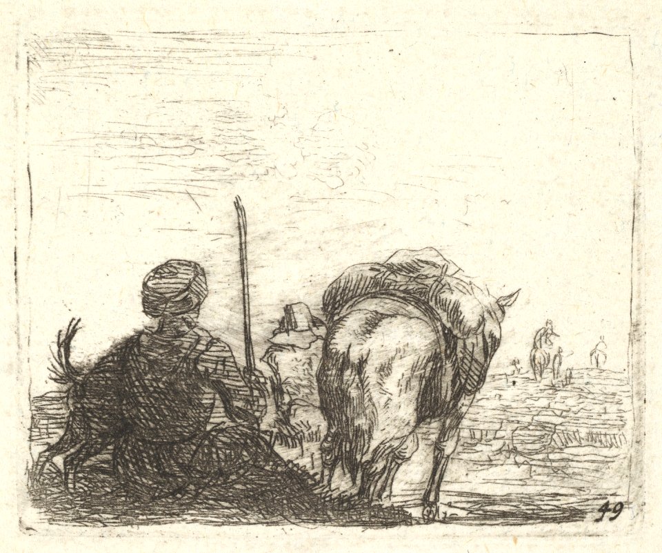 Pack-horse, seated man with staff in right hand, and dog, all viewed from the rear, from the series 'The Small Landscapes' MET DP828341