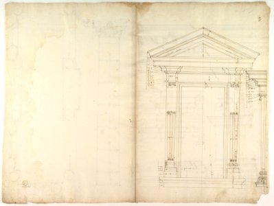 Palazzo dei Conservatori, portico, plan; façade cornice, elevation; minor order, cornice; column, elevation; pedestal, elevation (recto) Palazzo dei Conservatori, portal, elevation; section (verso) MET DP819031