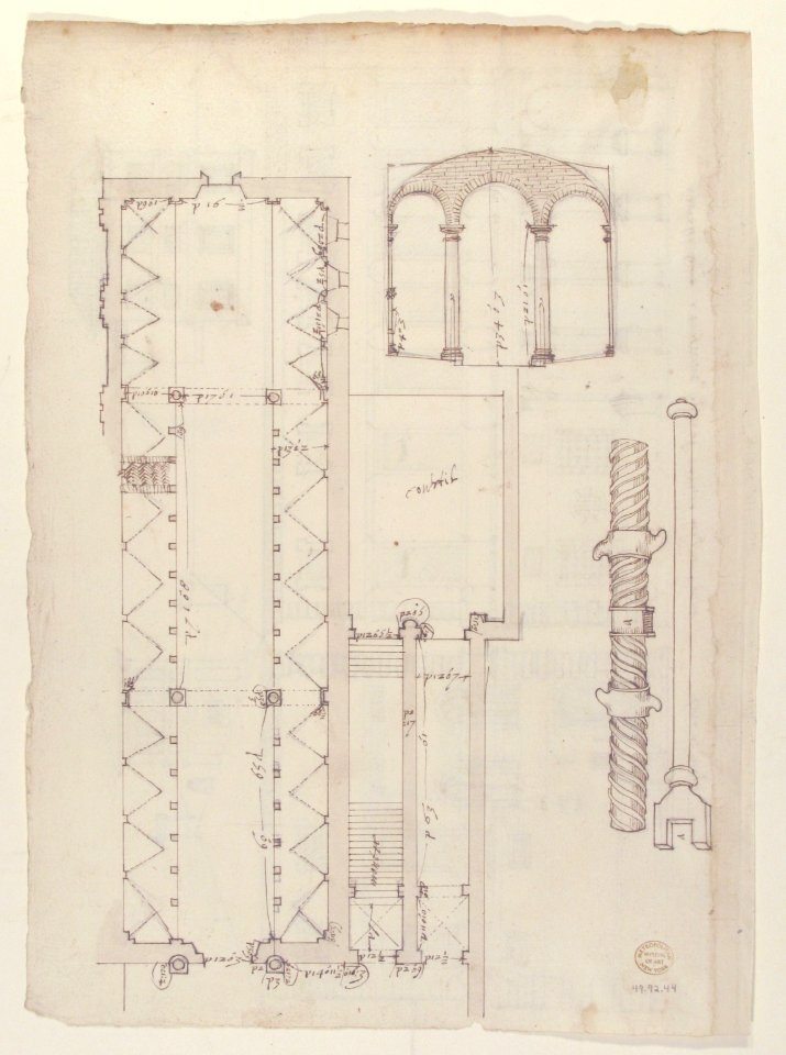 Palazzo Salviati-Adimari elevations (recto) Villa Farnesina stables, plan and section; drawing of a screw (verso) MET 49.92.44 VERSO