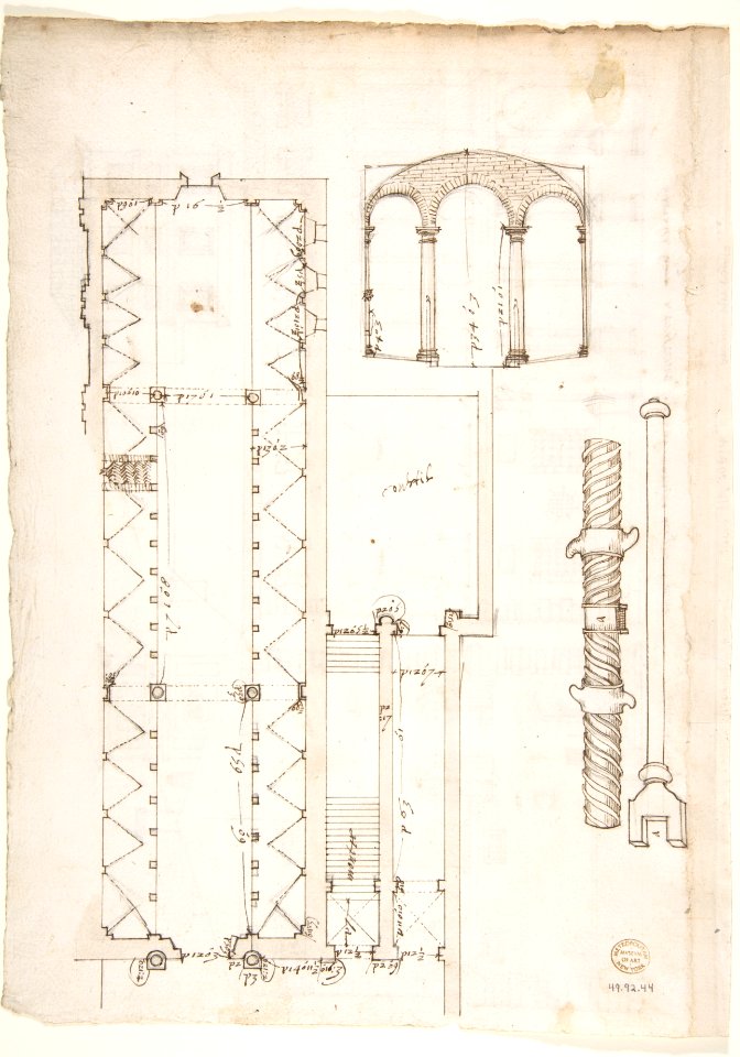 Palazzo Salviati-Adimari elevations (recto) Villa Farnesina stables, plan and section; drawing of a screw (verso) MET DP810643