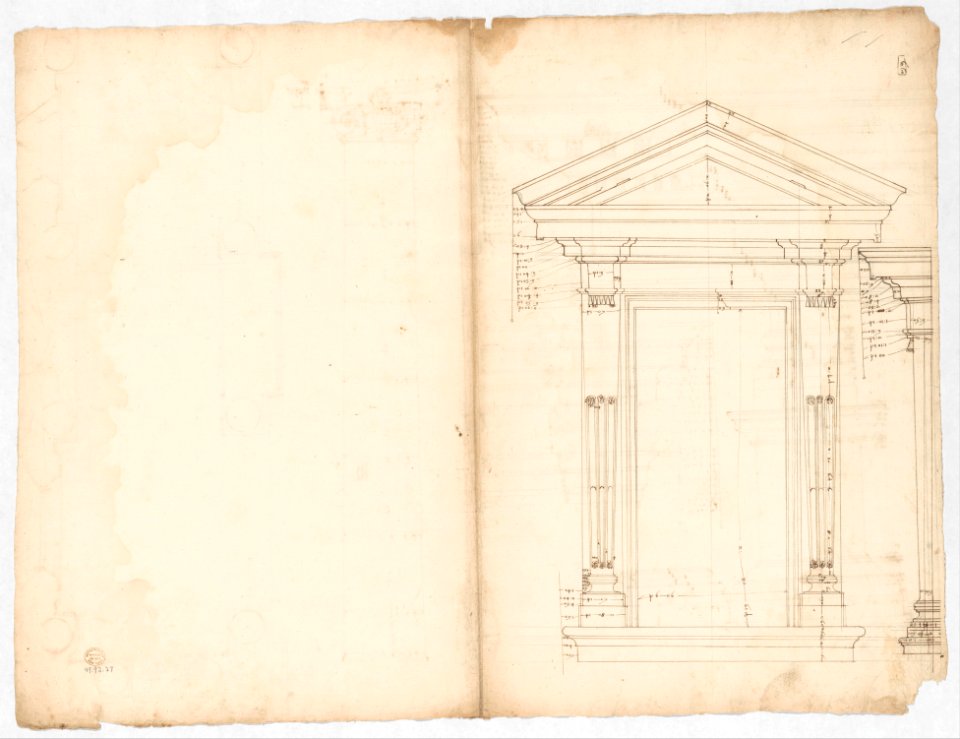 Palazzo dei Conservatori, portico, plan; façade cornice, elevation; minor order, cornice; column, elevation; pedestal, elevation (recto) Palazzo dei Conservatori, portal, elevation; section (verso) MET DP247299