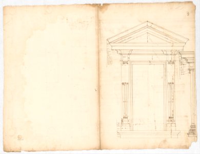 Palazzo dei Conservatori, portico, plan; façade cornice, elevation; minor order, cornice; column, elevation; pedestal, elevation (recto) Palazzo dei Conservatori, portal, elevation; section (verso) MET DP247299