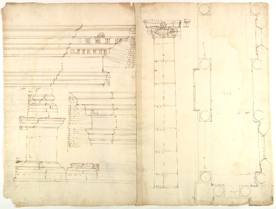 Palazzo dei Conservatori, portico, plan; façade cornice, elevation; minor order, cornice; column, elevation; pedestal, elevation (recto) Palazzo dei Conservatori, portal, elevation; section (verso) MET DP819027