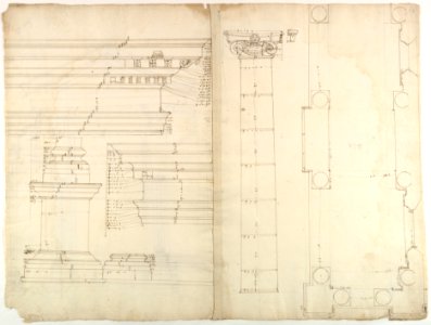 Palazzo dei Conservatori, portico, plan; façade cornice, elevation; minor order, cornice; column, elevation; pedestal, elevation (recto) Palazzo dei Conservatori, portal, elevation; section (verso) MET DP819027