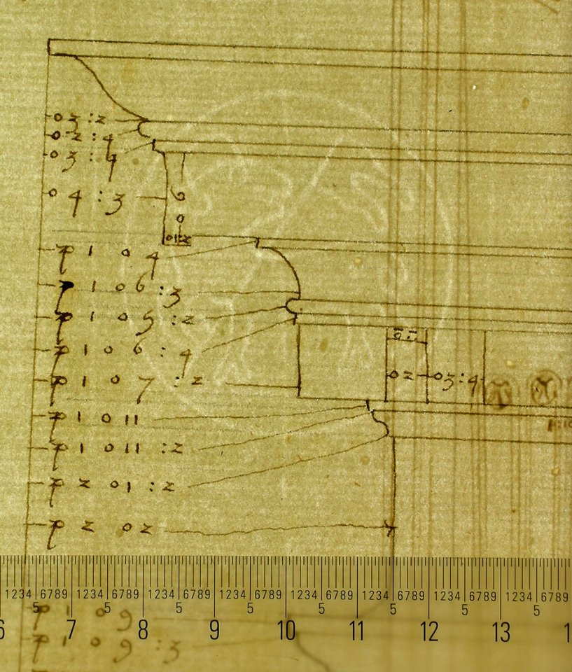 Palazzo dei Conservatori, portico, plan; façade cornice, elevation; minor order, cornice; column, elevation; pedestal, elevation (recto) Palazzo dei Conservatori, portal, elevation; section (verso) MET sf49 92 27-watermark