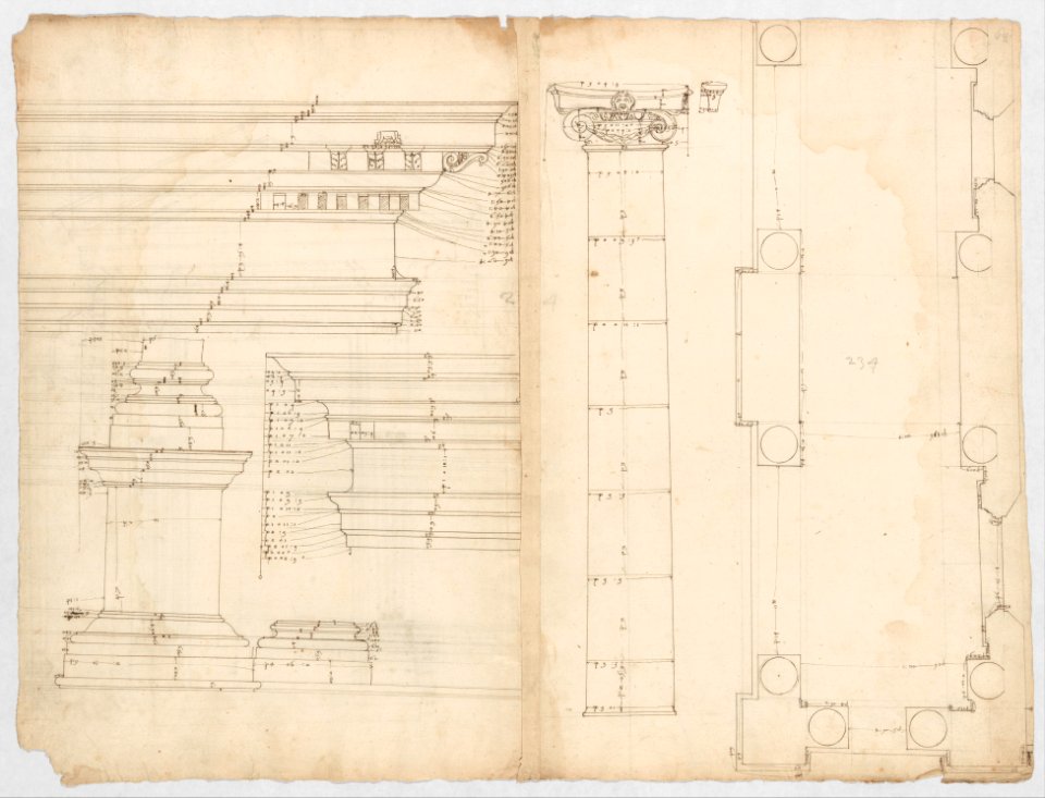 Palazzo dei Conservatori, portico, plan; façade cornice, elevation; minor order, cornice; column, elevation; pedestal, elevation (recto) Palazzo dei Conservatori, portal, elevation; section (verso) MET DP247298