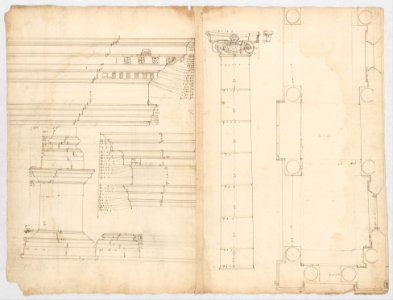 Palazzo dei Conservatori, portico, plan; façade cornice, elevation; minor order, cornice; column, elevation; pedestal, elevation (recto) Palazzo dei Conservatori, portal, elevation; section (verso) MET DP247298