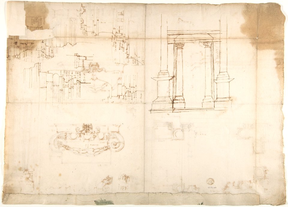Palazzo dei Conservatori, portico, plan; portal, elevation; details, elevations (recto) Palazzo dei Conservatori, portico, elevation; details, profiles (verso) MET DP810537