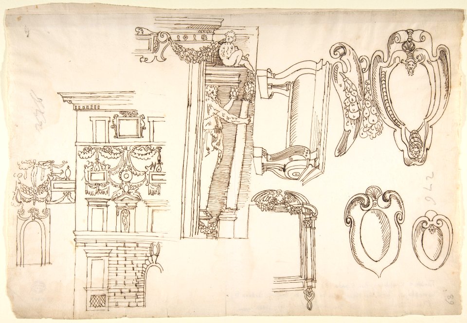 Palazzo Capodiferro (Spada), partial elevation, details; Santa Trinita dei Monti, Orsini Chapel, frame, elevation; various details, perspective (recto) blank (verso) MET DP810644
