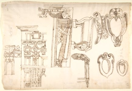 Palazzo Capodiferro (Spada), partial elevation, details; Santa Trinita dei Monti, Orsini Chapel, frame, elevation; various details, perspective (recto) blank (verso) MET DP810644