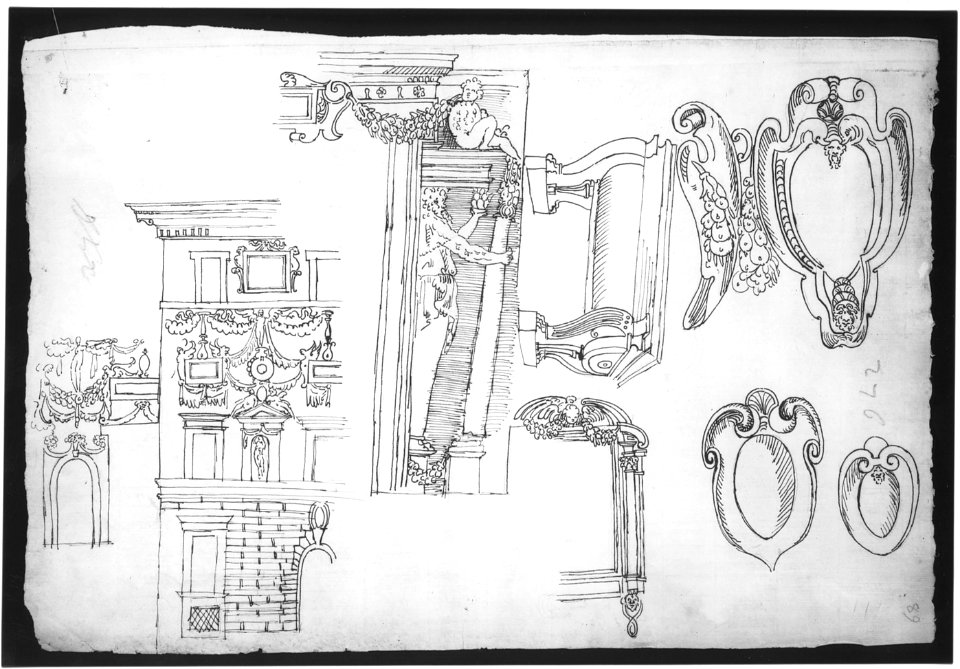 Palazzo Capodiferro (Spada), partial elevation, details; Santa Trinita dei Monti, Orsini Chapel, frame, elevation; various details, perspective (recto) blank (verso) MET sf49 92 07r-MM31564