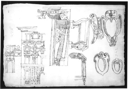 Palazzo Capodiferro (Spada), partial elevation, details; Santa Trinita dei Monti, Orsini Chapel, frame, elevation; various details, perspective (recto) blank (verso) MET sf49 92 07r-MM31564