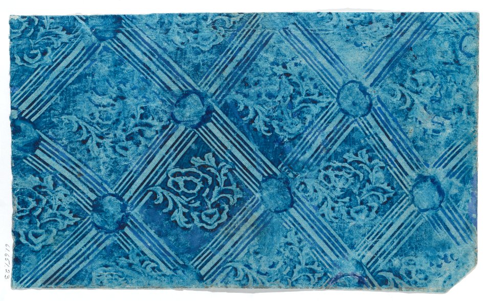 Paste paper with blue stripe and floral pattern Met DP887106