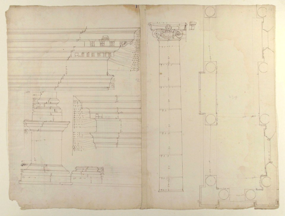 Palazzo dei Conservatori, portico, plan; façade cornice, elevation; minor order, cornice; column, elevation; pedestal, elevation (recto) Palazzo dei Conservatori, portal, elevation; section (verso) MET 49.92.27 RECTO