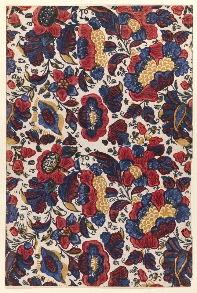 Paste end paper with overall pattern of red, blue, and yellow flowers Met DP886304
