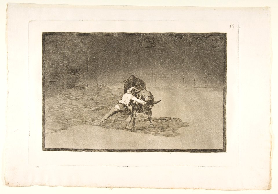 Plate 15 from the 'Tauromaquia'- The famous Martincho places the banderillas playing the bull with the movement of his body. MET DP817516