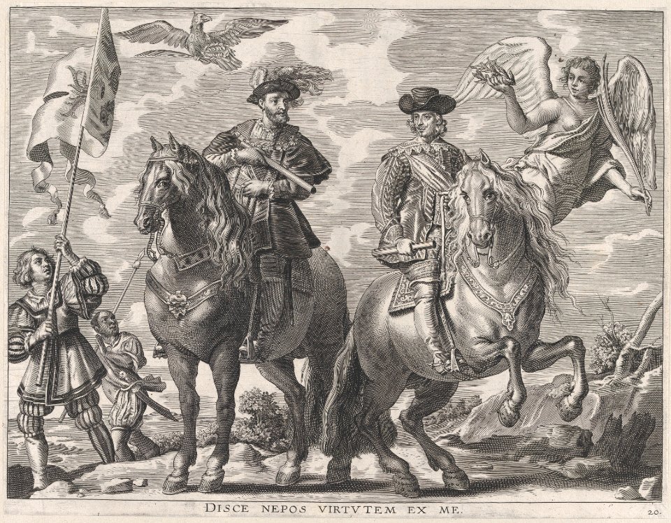 Plate 20- Charles V and Ferdinand on Horseback; from Guillielmus Becanus's 'Serenissimi Principis Ferdinandi, Hispaniarum Infantis...' MET DP874805
