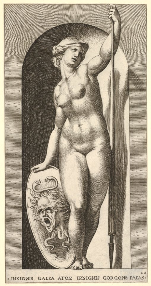 Plate 20- Pallas Athena holding a shield with Medusa's head in her right hand and a lance in her left hand, from a series of mythological gods and goddesses MET DP830882