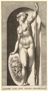 Plate 20- Pallas Athena holding a shield with Medusa's head in her right hand and a lance in her left hand, from a series of mythological gods and goddesses MET DP830882