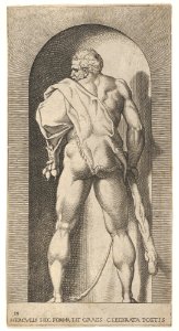 Plate 15- Hercules standing in a niche, wearing a lion skin and holding a club, viewed from behind, with his head turned to the left, from a series of mythological gods and goddesses MET DP832195