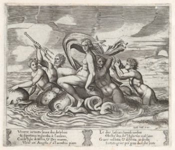 Plate 16- A white bird tells Psyche of Cupid's illness, as she rides dolphins on the sea accompanied by tritons and nereids, from the Story of Cupid and Psyche as told by Apuleius MET DP863222