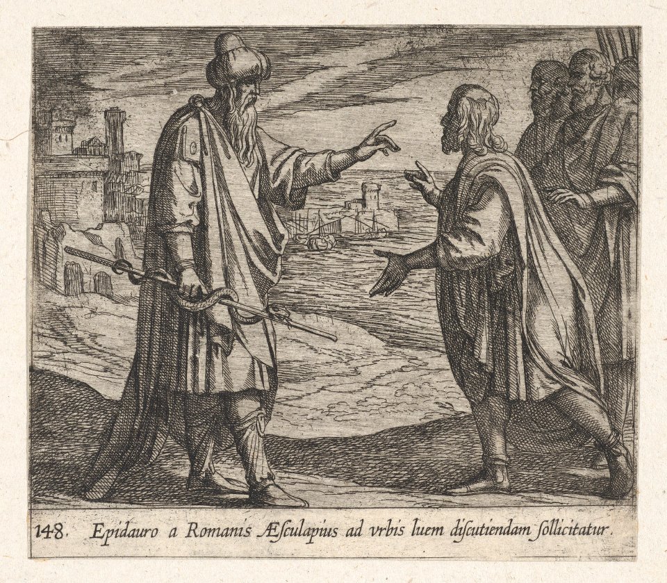 Plate 148- Aesculapius Speaking to the Romans (Epidauro a Romanis AEsculapius ad urbis luem discutiendam sollicitatur), from Ovid's 'Metamorphoses' MET DP864239