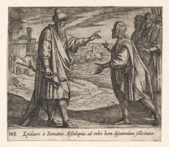 Plate 148- Aesculapius Speaking to the Romans (Epidauro a Romanis AEsculapius ad urbis luem discutiendam sollicitatur), from Ovid's 'Metamorphoses' MET DP864239