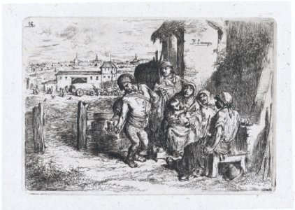 Plate 16- a group of people outdoors, including a man pouring wine or water from a vessel on his back, from the series of customs and pastimes of the Spanish people MET DP876048