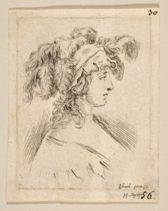 Plate 15- mid-bust of a young woman in profile wearing a hat topped with feathers, from 'The Book for Learning to Draw' (Livre pour apprendre à dessiner) MET DP817851