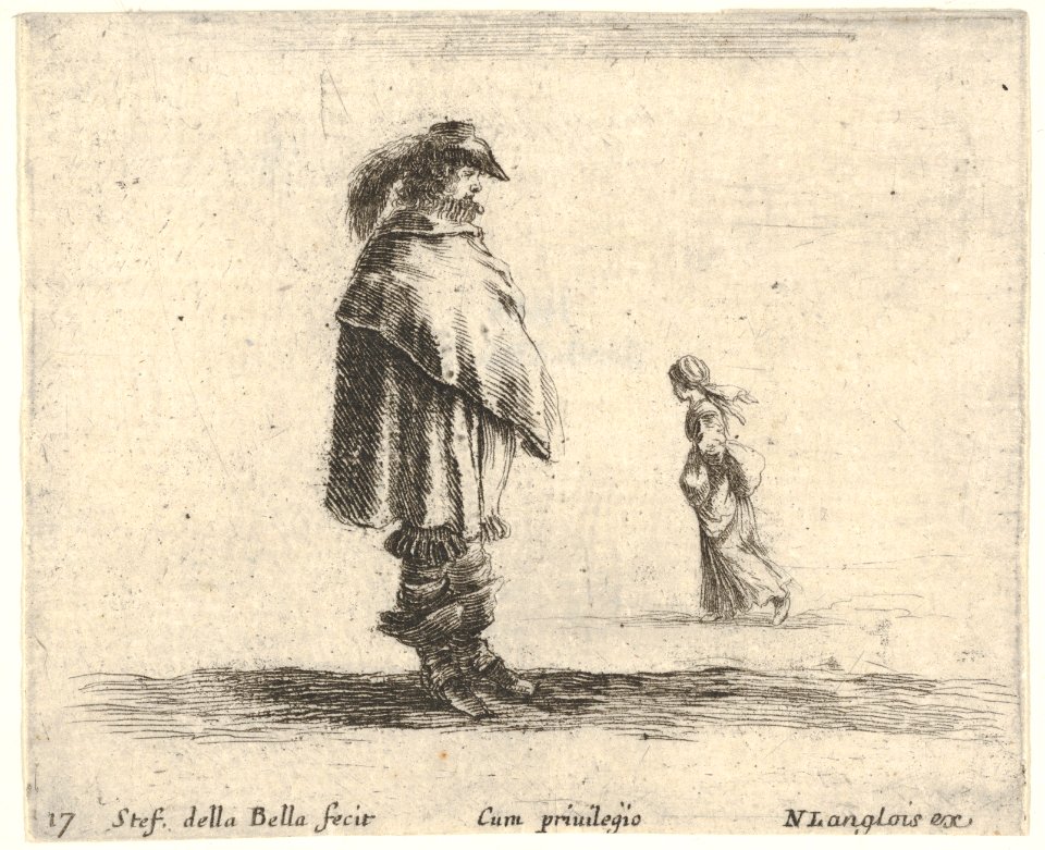 Plate 17- a man wearing a plumed hat in center facing right, a woman walking towards the left in the background, from 'Diversi capricci' MET DP833182