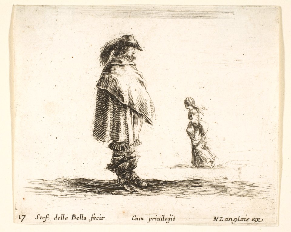 Plate 17- a man wearing a plumed hat in center facing right, a woman walking towards the left in the background, from 'Diversi capricci' MET DP817343
