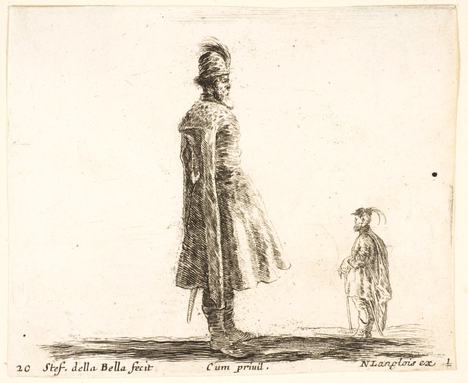 Plate 20- an old Polish nobleman wearing a plumed hat in center, standing in profile facing right, another Polish man to right in background, standing in profile facing left, from 'Diversi capricci' MET DP817347