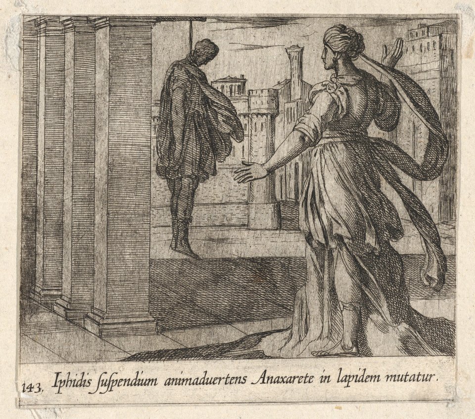 Plate 143- Anaxarete Seeing the Dead Iphis (Iphidis suspendium animaduertens Anaxarete in lapidem mutatur), from Ovid's 'Metamorphoses' MET DP864234