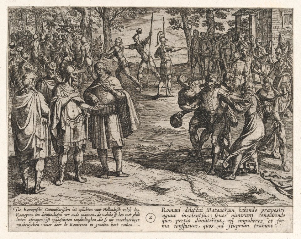 Plate 2- The Romans Taking Old Dutch Men as Hostages and Seducing Young Ones, from The War of the Romans Against the Batavians (Romanorvm et Batavorvm societas) MET DP863205