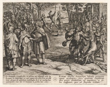 Plate 2- The Romans Taking Old Dutch Men as Hostages and Seducing Young Ones, from The War of the Romans Against the Batavians (Romanorvm et Batavorvm societas) MET DP863205