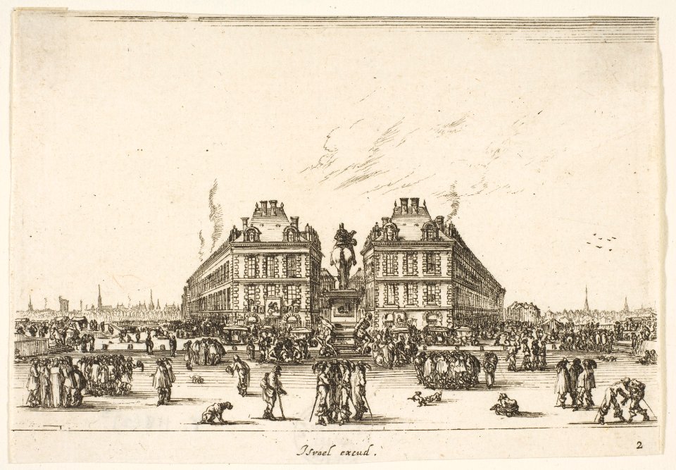 Plate 2- La Place Dauphine, on the coast of Pont Neuf, the equestrian statue of Louis XIII in center, seen from the back and numerous figures, from 'Various Figures' (Agréable diversité de figures) MET DP817338