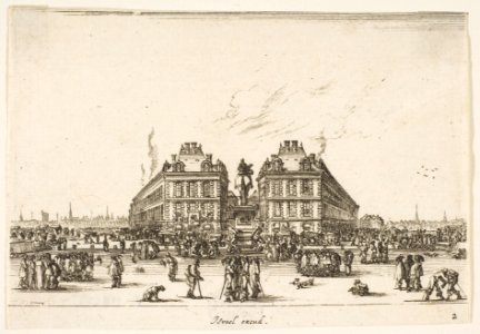 Plate 2- La Place Dauphine, on the coast of Pont Neuf, the equestrian statue of Louis XIII in center, seen from the back and numerous figures, from 'Various Figures' (Agréable diversité de figures) MET DP817338