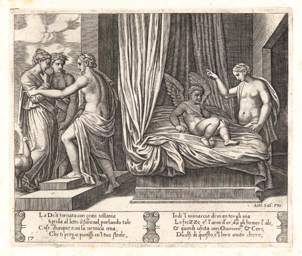 Plate 17- Venus chastising Cupid, who sits on a bed, with Psyche at right, from the Story of Cupid and Psyche as told by Apuleius MET DP862823